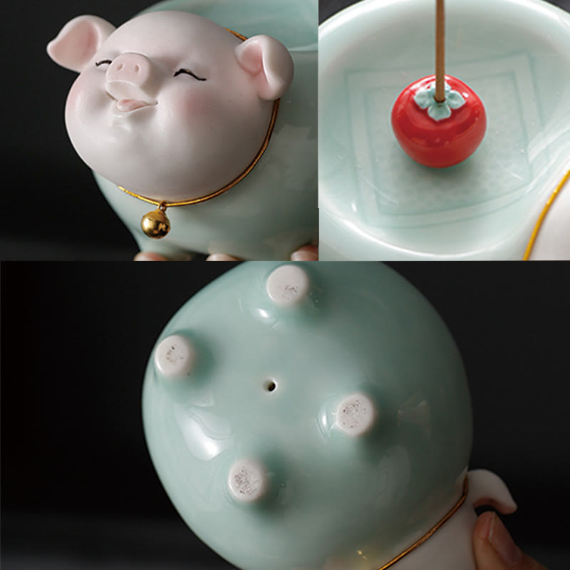 Ceramic Little Pig Incense Burner – Three views: front, top-down red apple holder, underside