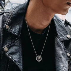 Double Ring PiXiu Necklace – Man wearing silver peace buckle pendant with golden PiXiu over black leather jacket
