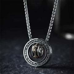 Double Ring PiXiu Necklace – Silver peace buckle pendant with golden PiXiu on chain, product display on neutral background
