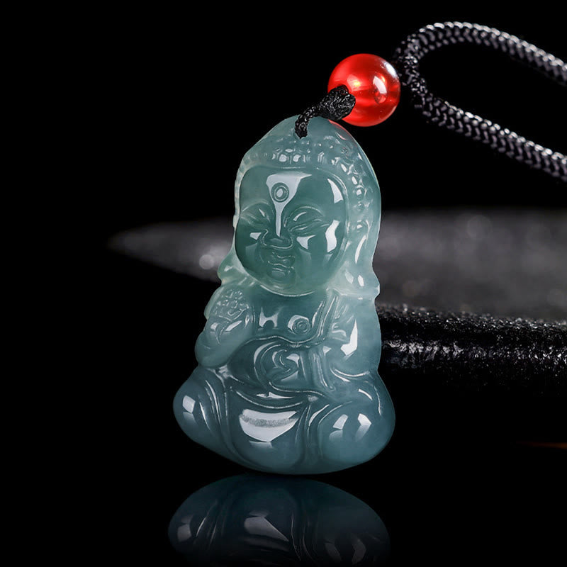Jade Baobao Buddha Necklace – close-up of smiling Baobao Buddha face carving detail