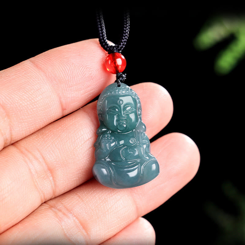 Jade Baobao Buddha Necklace – adjustable red cord with sliding knot length detail