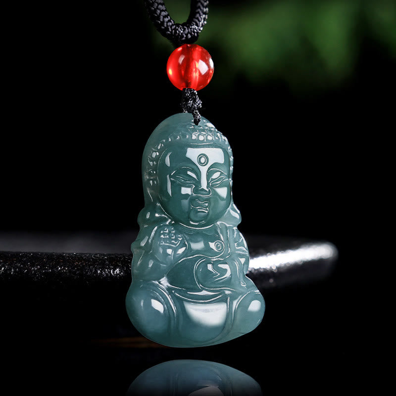 Jade Baobao Buddha Necklace – green jade baby Buddha pendant on red cord necklace