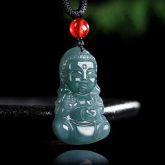 Jade Baobao Buddha Necklace – green jade baby Buddha pendant on red cord necklace