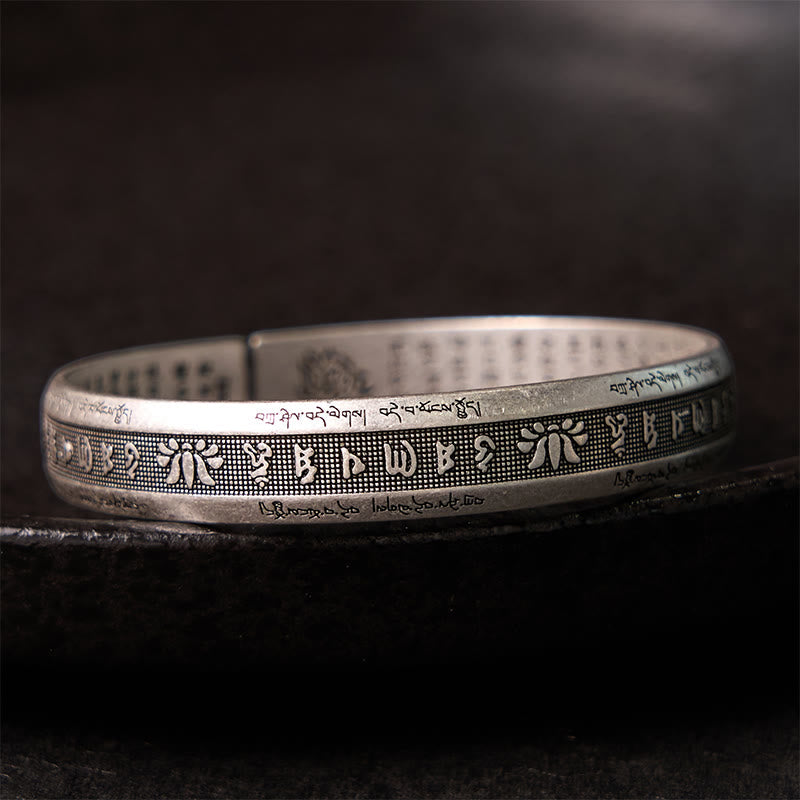 Om Mani Padme Hum Cuff Bracelet – Tibetan mantra engraving with lotus motifs on antique silver, spiritual jewelry