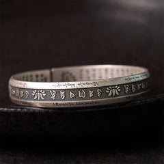 Om Mani Padme Hum Cuff Bracelet – Tibetan mantra engraving with lotus motifs on antique silver, spiritual jewelry