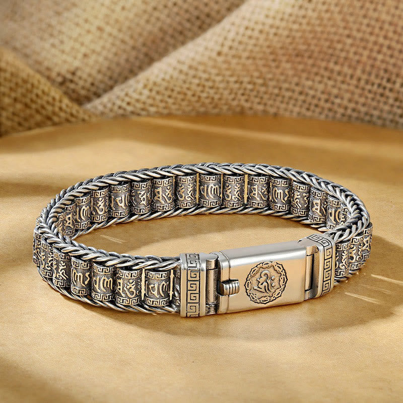 Om Mani Padme Hum Bracelet – on fabric with burlap, antique silver bracelet
