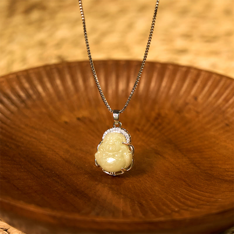 Hetian Jade Laughing Buddha Necklace – white Hetian jade Maitreya pendant silver bail