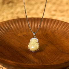 Hetian Jade Laughing Buddha Necklace – white Hetian jade Maitreya pendant silver bail