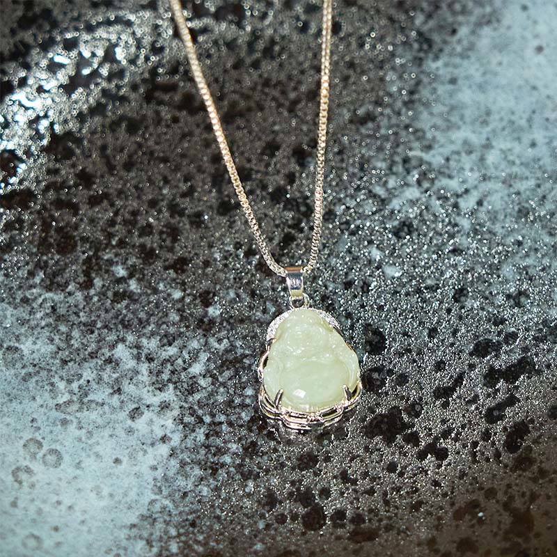 Hetian Jade Laughing Buddha Necklace – wearing on neck elegant white jade jewelry