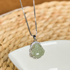 Hetian Jade Laughing Buddha Necklace – creamy white jade with natural mutton fat luster