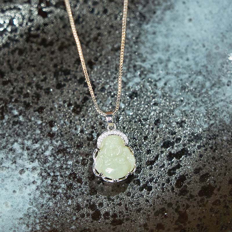 Hetian Jade Laughing Buddha Necklace – Buddha holding prayer beads and treasure sack