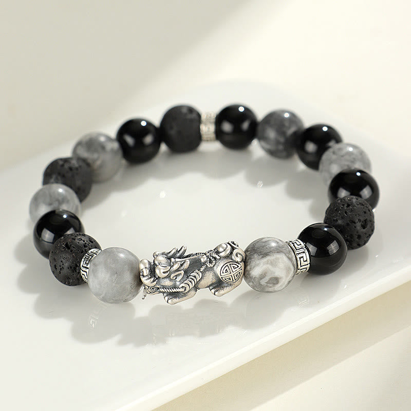 999 Silver PiXiu Bracelet – Silver PiXiu with black onyx, grey jasper and lava rock beads on white surface, protection jewelry