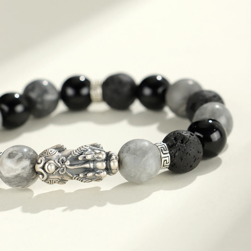 999 Silver PiXiu Bracelet – Close-up macro of detailed silver PiXiu charm with Greek pattern spacers, protection bracelet