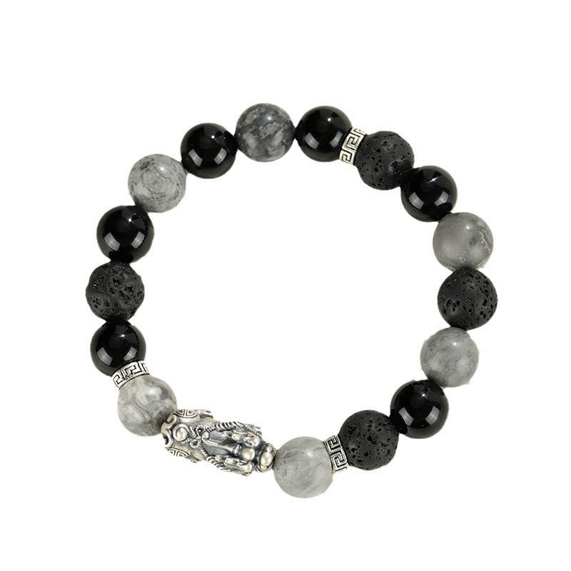 999 Silver PiXiu Bracelet – Isolated silver PiXiu bracelet with black onyx, grey jasper and lava rock on white