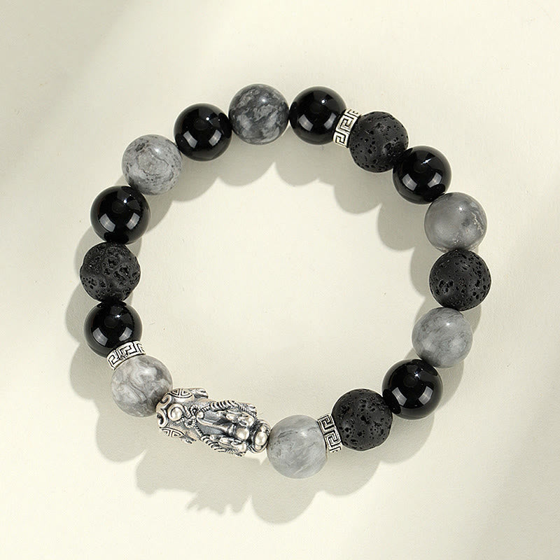 999 Silver PiXiu Bracelet – Top view of black onyx, grey jasper and lava rock beaded bracelet with silver PiXiu