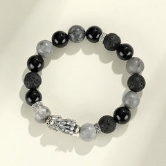 999 Silver PiXiu Bracelet – Top view of black onyx, grey jasper and lava rock beaded bracelet with silver PiXiu