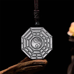 Silver Sheen Obsidian Bagua Yin Yang Pendant with macrame knot and bead detail, yin yang talisman