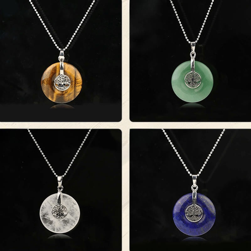 Tree of Life Crystal Necklace – four-panel grid of Tiger Eye aventurine quartz lapis pendants on black