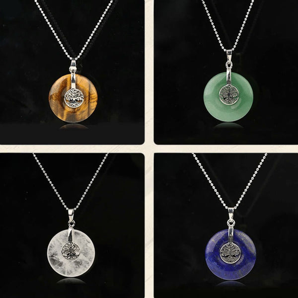 Tree of Life Crystal Necklace – four-panel grid of Tiger Eye aventurine quartz lapis pendants on black