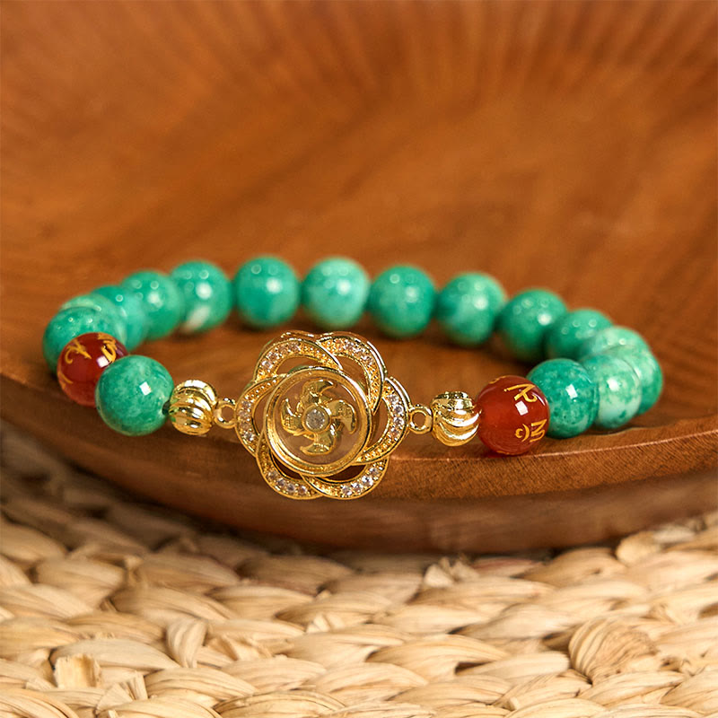 Natural Jade Om Mani Padme Hum Bracelet – Resting on wooden bowl with woven mat, jade bead jewelry