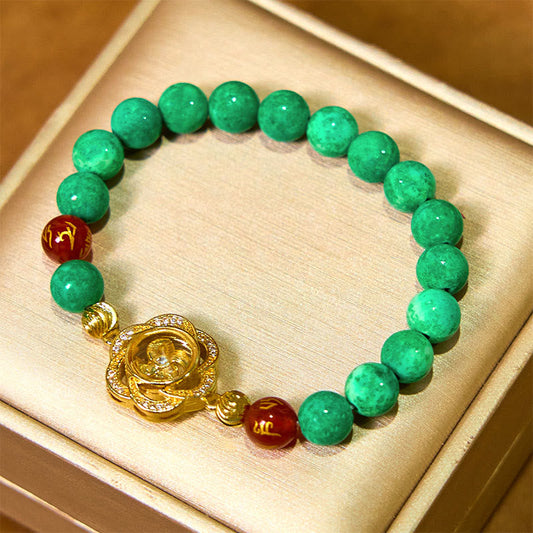 Natural Jade Om Mani Padme Hum Bracelet – Displayed in rose gold jewelry box, beaded mantra bracelet