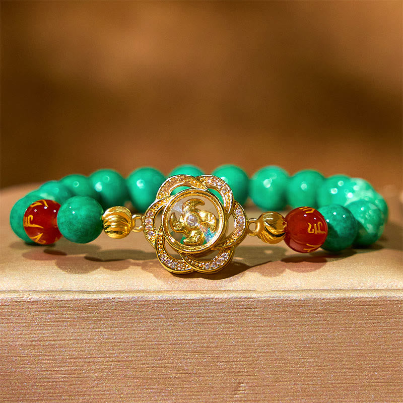 Natural Jade Om Mani Padme Hum Bracelet – Curved on warm surface with gold floral charm, Buddhist prayer bracelet