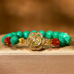 Natural Jade Om Mani Padme Hum Bracelet – Curved on warm surface with gold floral charm, Buddhist prayer bracelet
