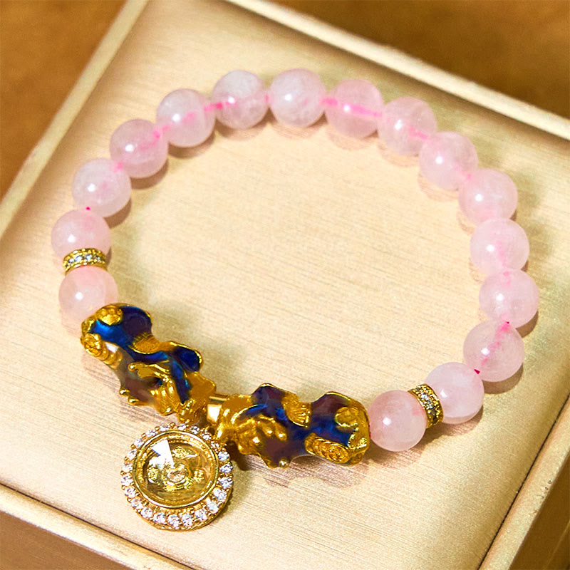 Pink crystal bracelet with double PiXiu in gold velvet jewelry box