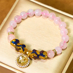 Pink crystal bracelet with double PiXiu in gold velvet jewelry box