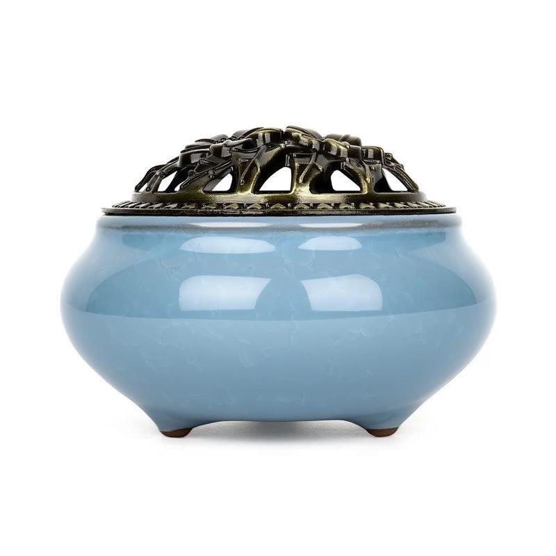 Ceramic Incense Burner – Front view blue crackle bowl with bronze openwork lid, meditation accessory