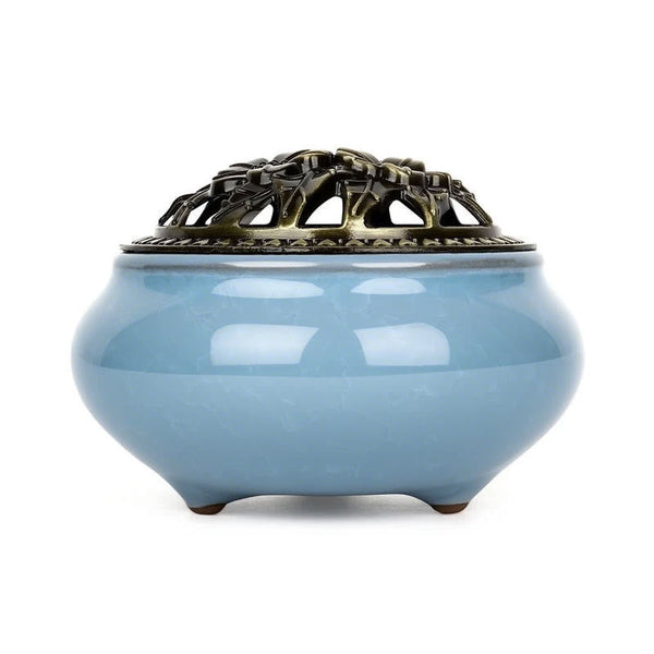 Ceramic Incense Burner – Front view blue crackle bowl with bronze openwork lid, meditation accessory