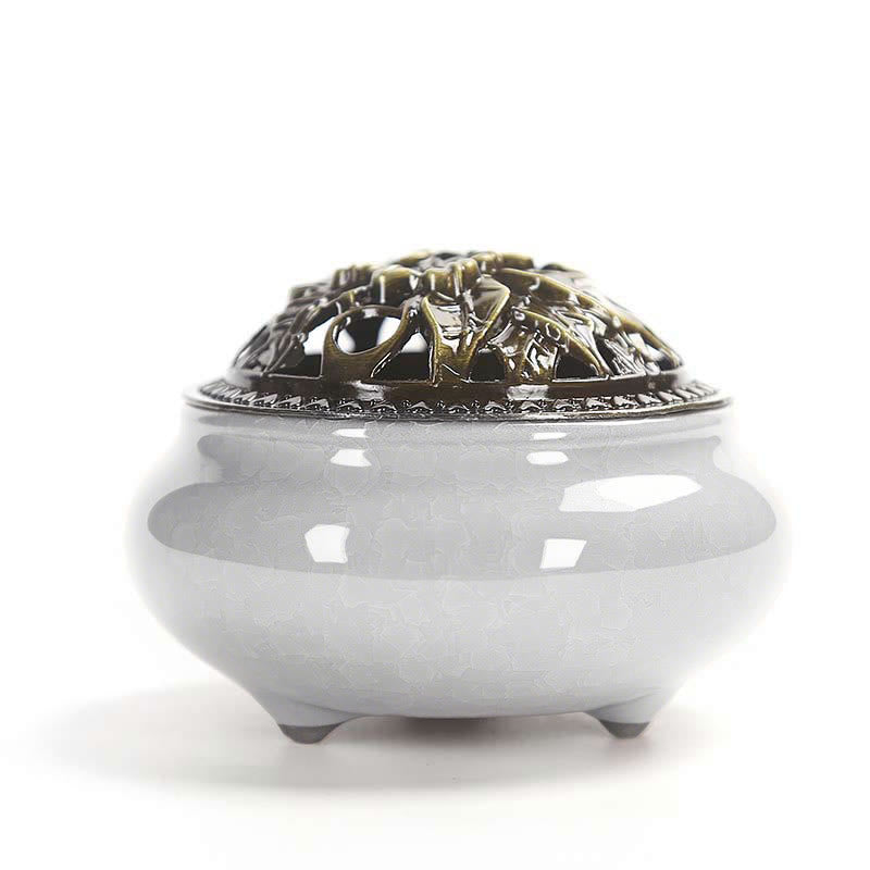 Ceramic Incense Burner – Pale gray crackle glaze with dark bronze pierced lid, mindful decor