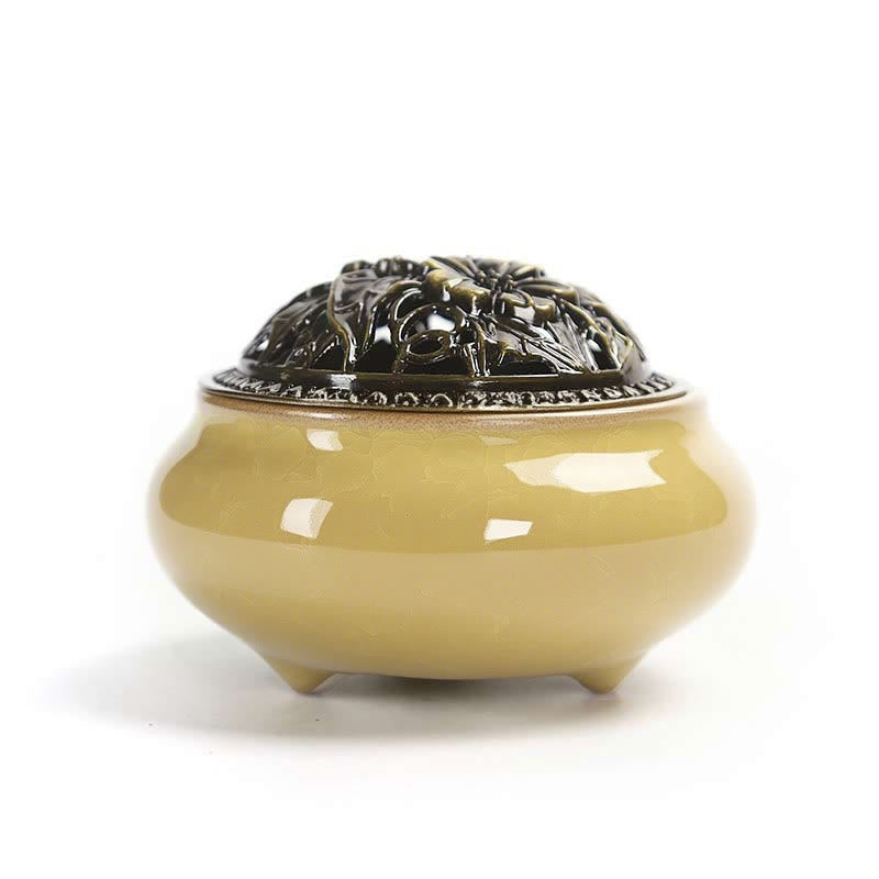Ice Crackle Incense Burner – Yellow ochre ceramic with antique brass lotus lid, colorful zen art