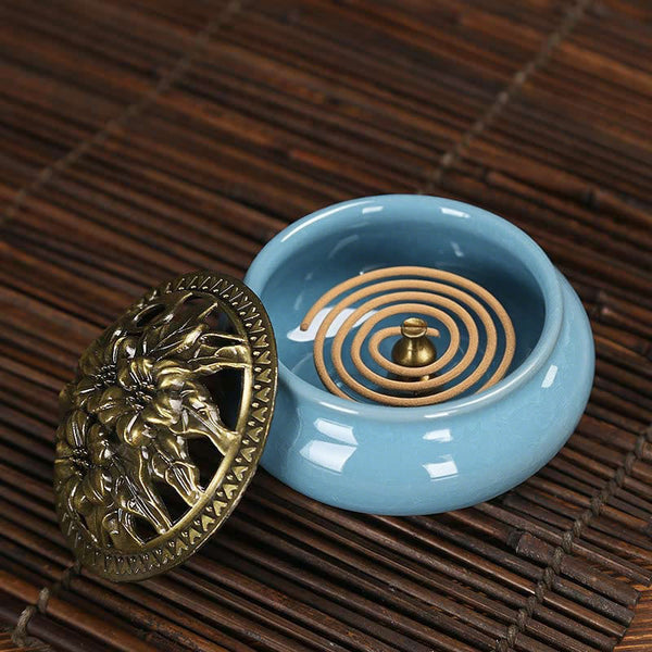 Ice Crackle Ceramic Incense Burner – Open bowl with spiral coil incense on dark bamboo mat, meditation
