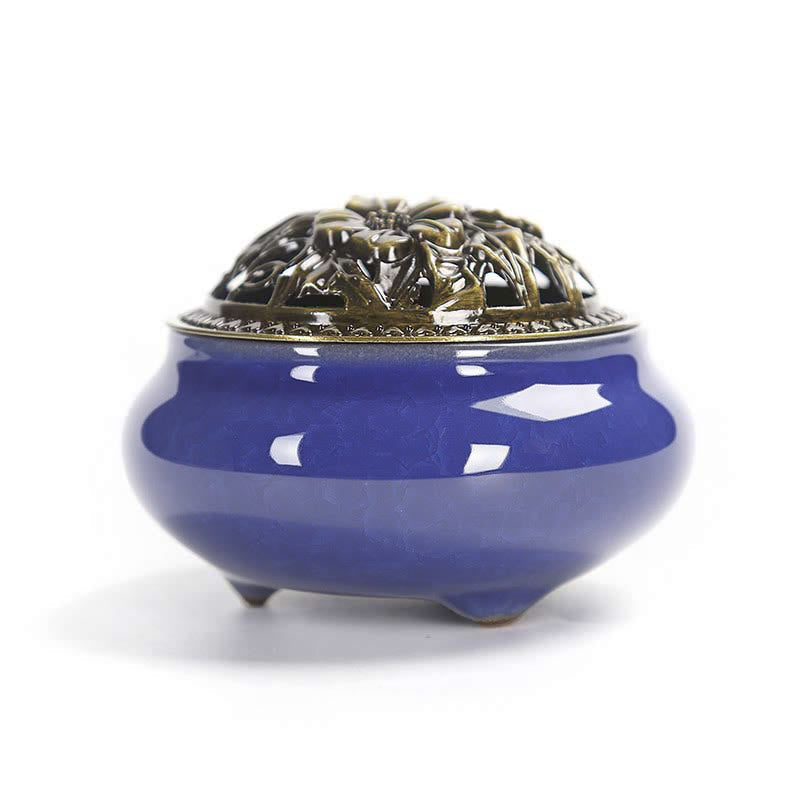 Ice Crackle Ceramic Incense Burner – Deep cobalt blue body with bronze floral openwork lid, meditation