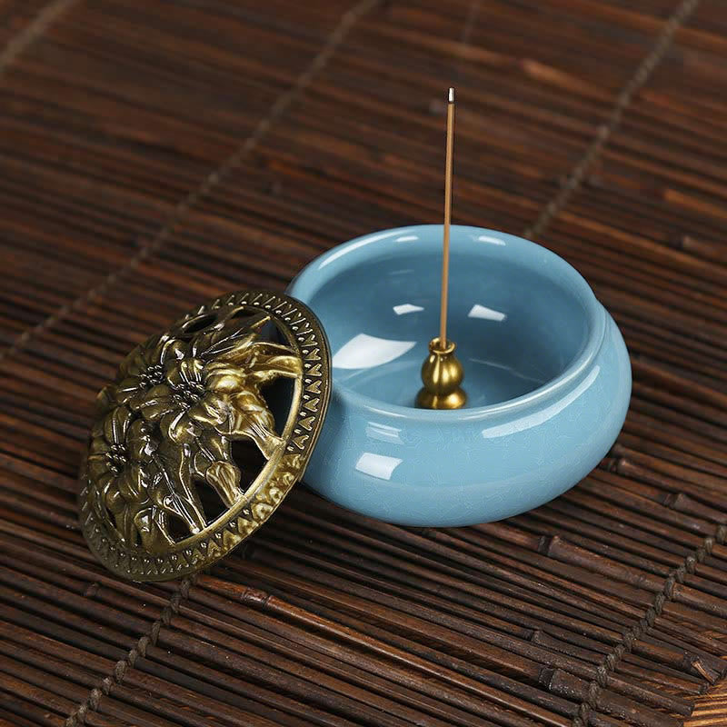 Ceramic Incense Burner – Blue crackle bowl with stick incense and brass holder on bamboo mat, zen