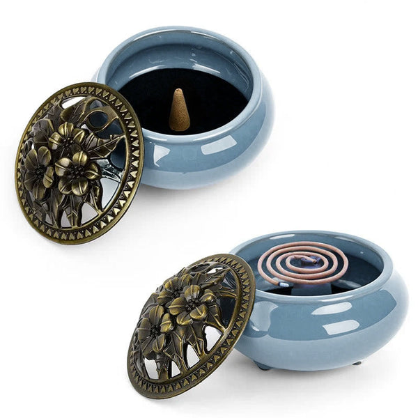 Colorful Ice Crackle Incense Burner – Dual burners showing cone and coil incense on white, zen decor