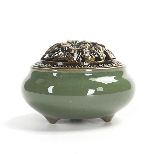 Ice Crackle Incense Burner – Sage green ceramic bowl with antique brass floral lid, zen healing