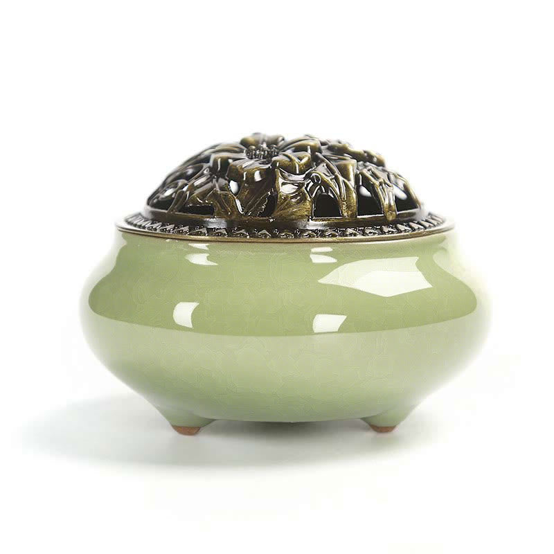 Colorful Ice Crackle Incense Burner – Glossy celadon green body with bronze lotus lid, zen art