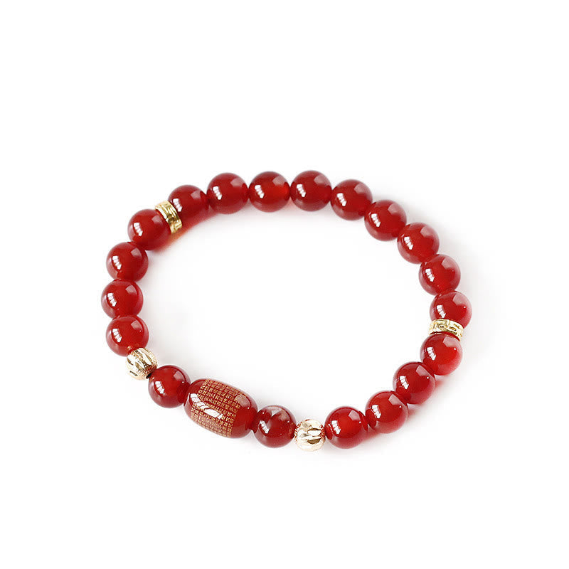 Red Green Agate Buddhist Sutras Calm Bracelet – top-down flatlay on pure white, coppery inlay on focal bead, prosperity charm