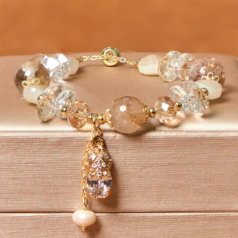 Citrine PiXiu Bracelet – Golden PiXiu pendant with pearl dangle on citrine and crystal beads over gold box, prosperity jewelry