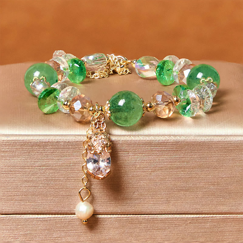 Green Strawberry Quartz Bracelet – Golden PiXiu with pearl on green strawberry quartz and crystal beads over gold box