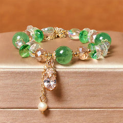 Green Strawberry Quartz Bracelet – Golden PiXiu with pearl on green strawberry quartz and crystal beads over gold box