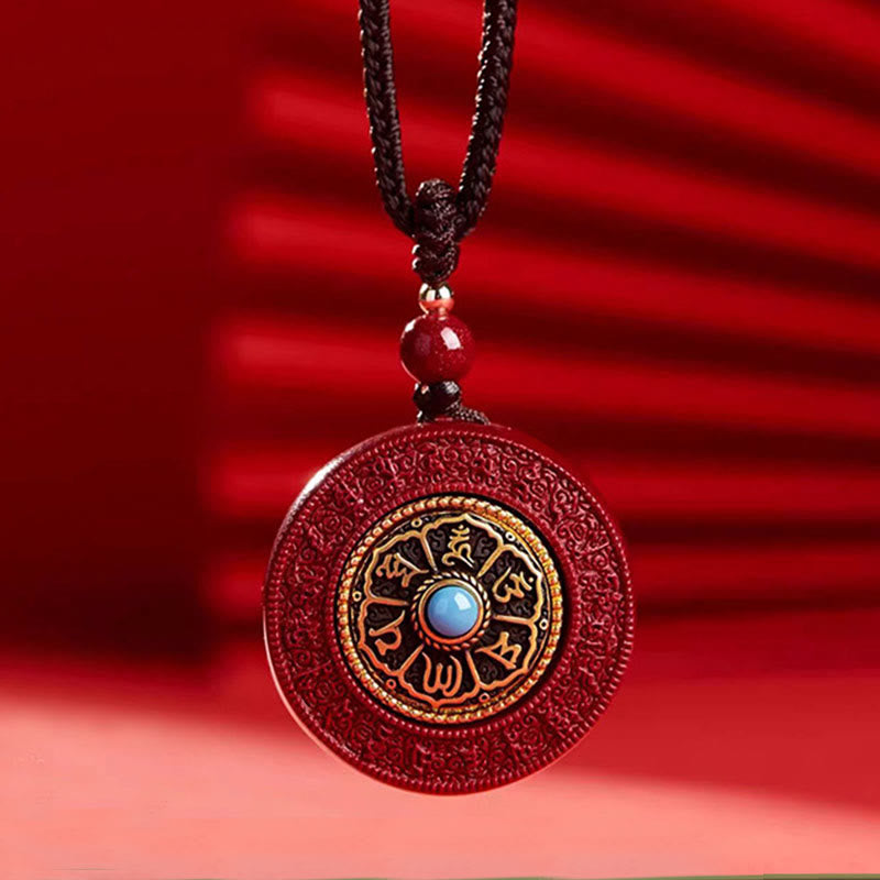 Om Mani Padme Hum Pendant - Cinnabar red with sacred script and blue stone, protective