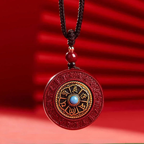Om Mani Padme Hum Pendant - Cinnabar red with sacred script and blue stone, protective