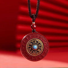 Om Mani Padme Hum Pendant - Cinnabar red with sacred script and blue stone, protective