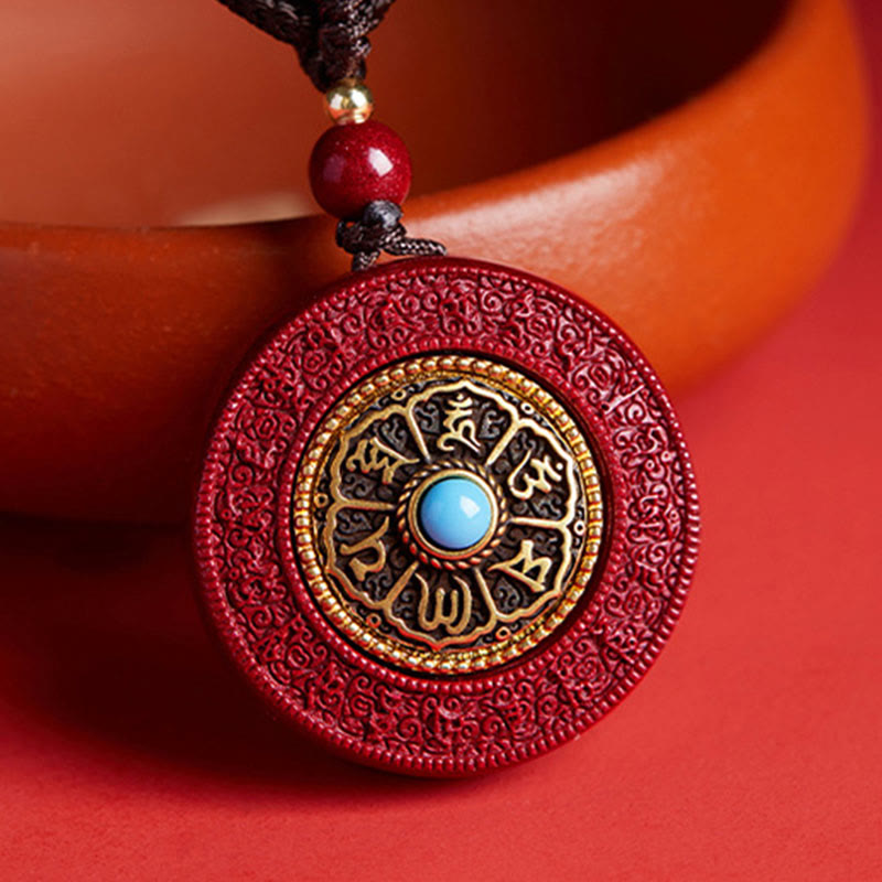 Cinnabar Pendant Necklace - Red body with gold mantra and turquoise center, spiritual