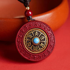 Cinnabar Pendant Necklace - Red body with gold mantra and turquoise center, spiritual
