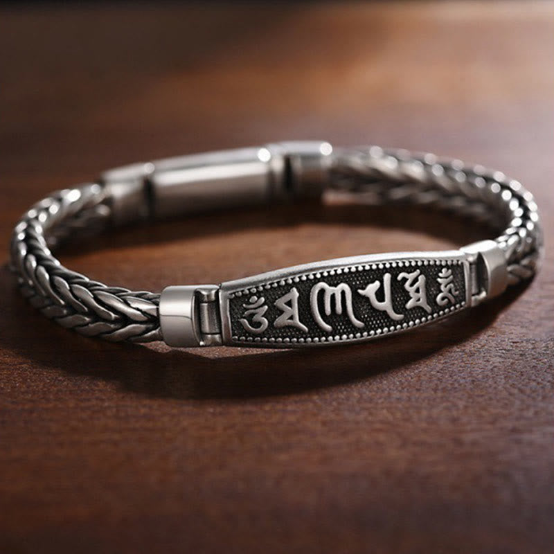 Vajra Om Mani Padme Hum Bracelet – Braided silver chain with Tibetan mantra plaque on dark wood, mens copper bracelet