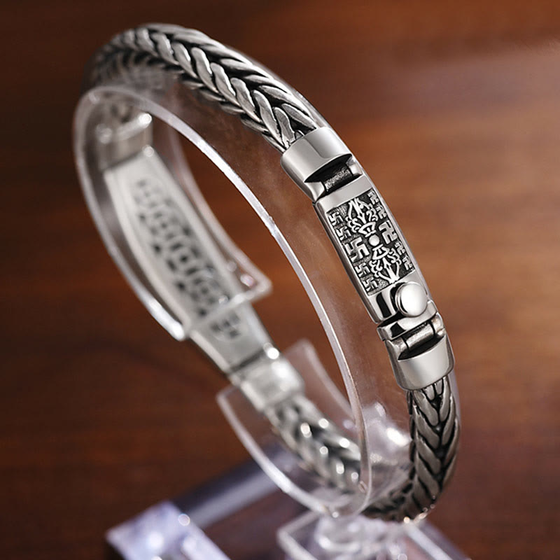 Vajra Om Mani Padme Hum Bracelet – Close-up openwork filigree center plate with rope chain, Tibetan jewelry